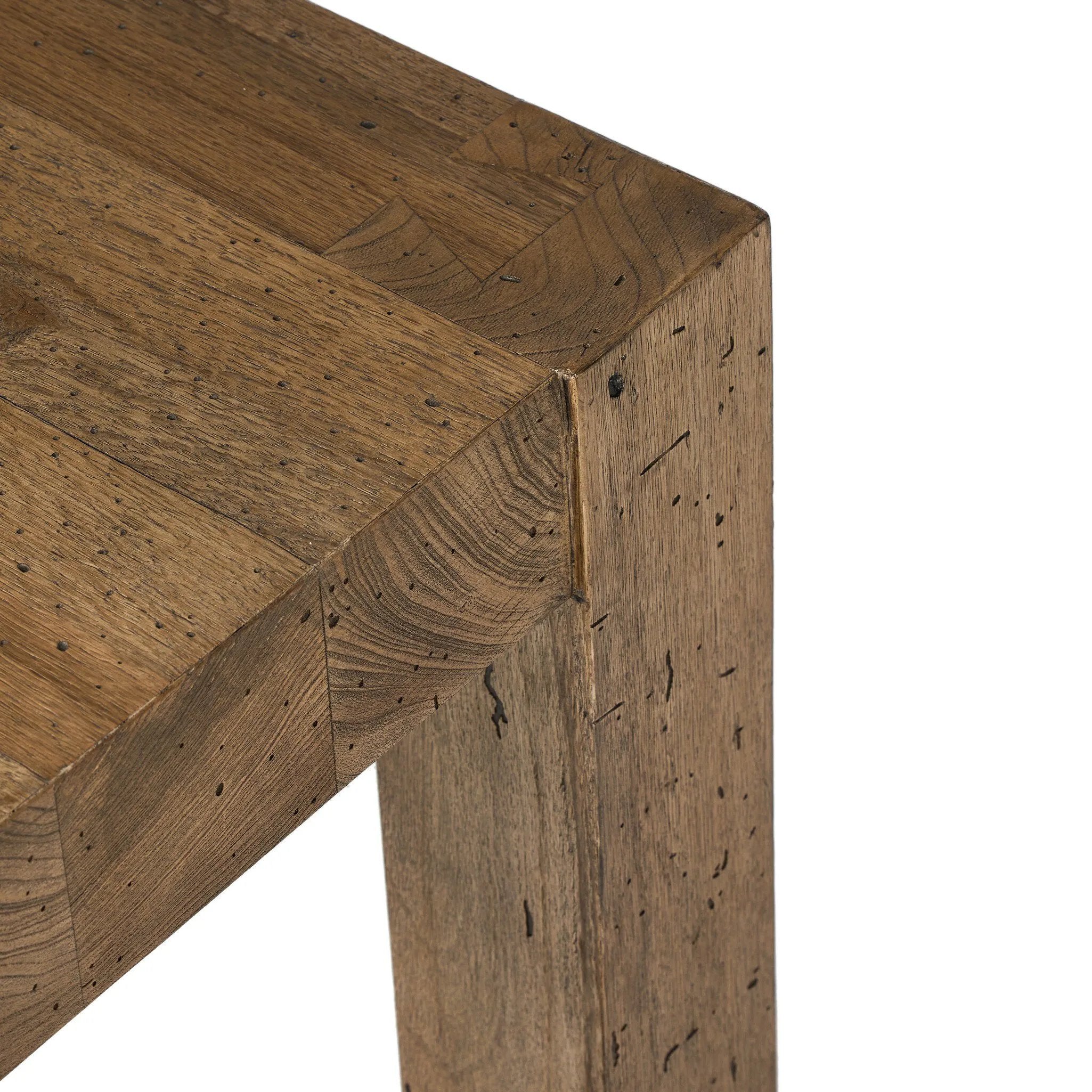Made from thick-cut oak veneer with a faux rustic finish made to emulate wormwood, this end table features chunky squared legs and dovetail joinery detailing.Collection: Wesso Amethyst Home provides interior design, new home construction design consulting, vintage area rugs, and lighting in the Newport Beach metro area.