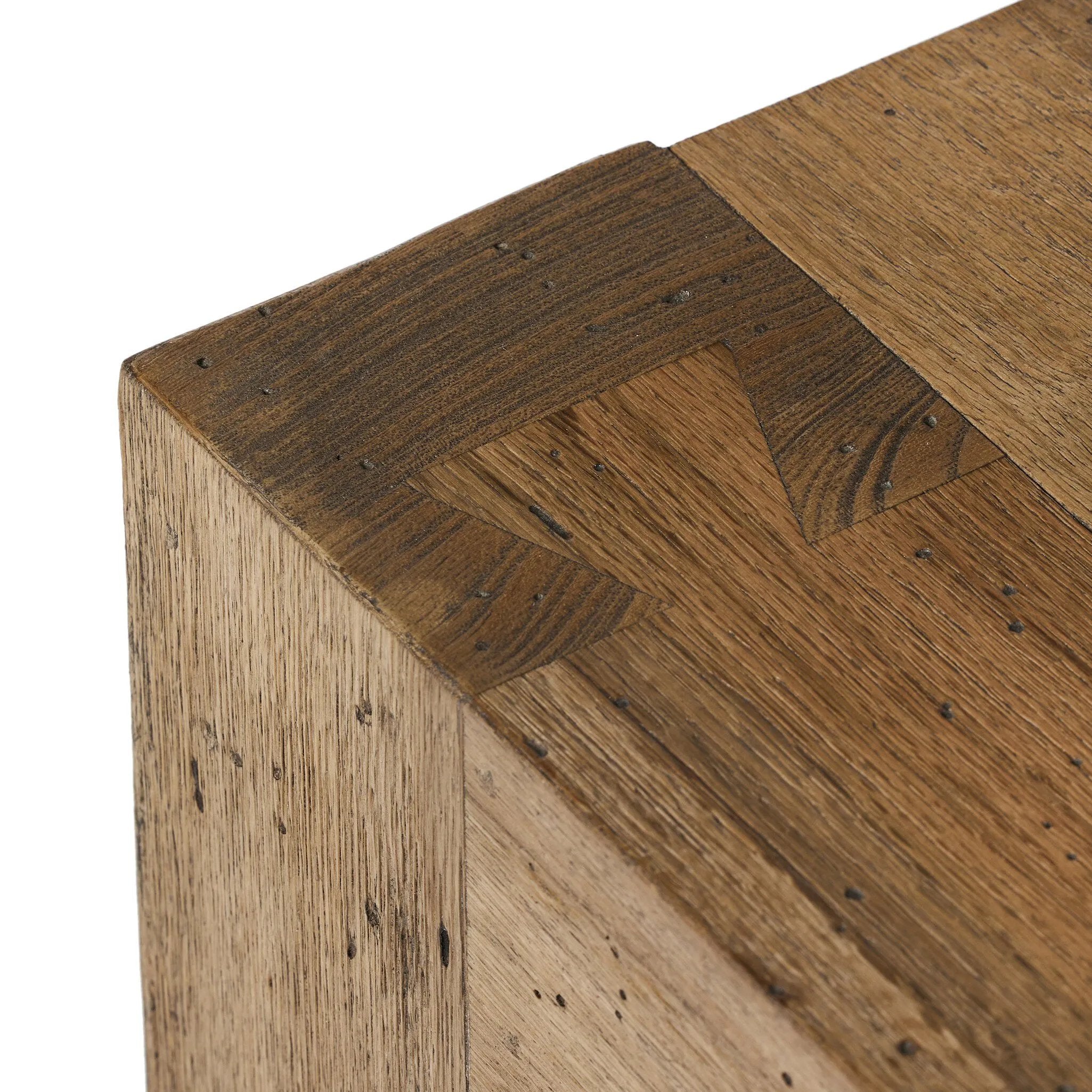 Made from thick-cut oak veneer with a faux rustic finish made to emulate wormwood, this end table features chunky squared legs and dovetail joinery detailing.Collection: Wesso Amethyst Home provides interior design, new home construction design consulting, vintage area rugs, and lighting in the Portland metro area.