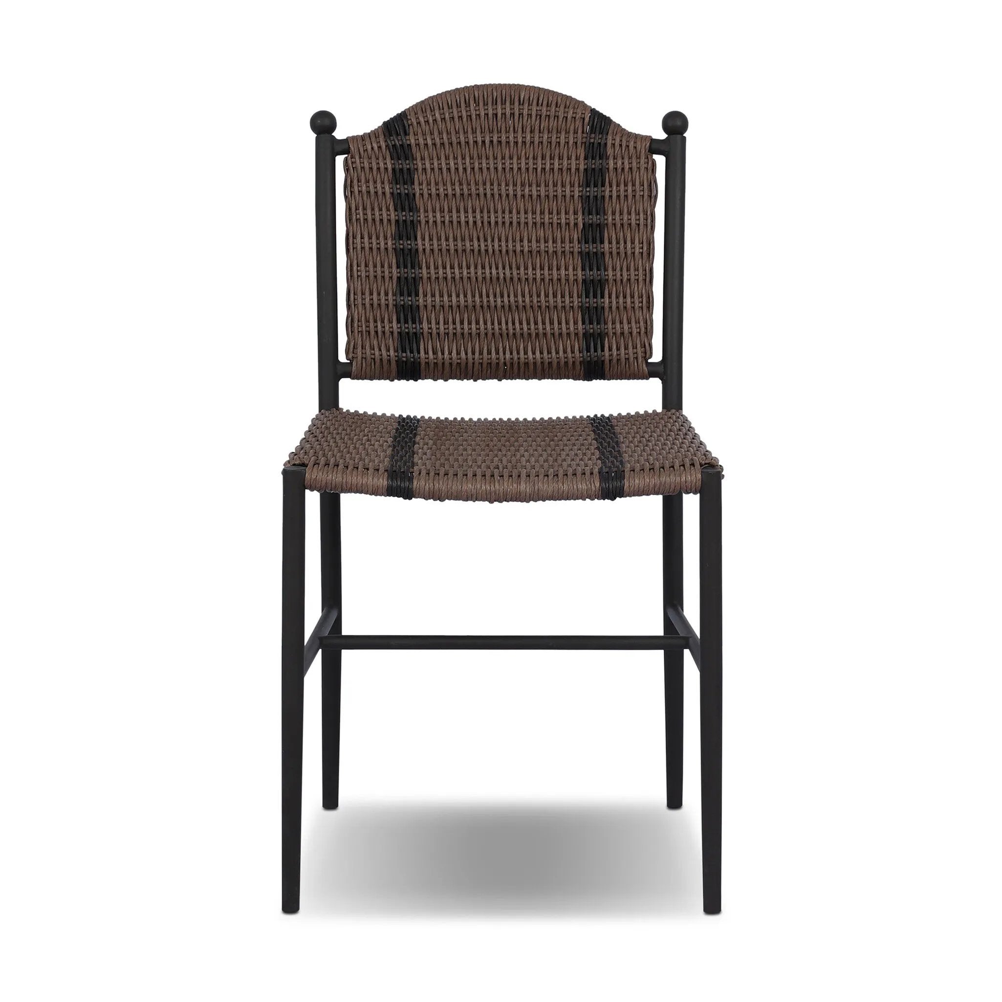 A bistro-style outdoor dining chair, merging a timeless profile with a unique stripe detail woven into the back. Finial details finish the dark bronze frame. Cover or store indoors during inclement weather and when not in use.As enthusiasts of luxe style at Amethyst, we love the nature inspired Abel Outdoor Dining Chair. Amethyst Home provides interior design, new home construction design consulting, vintage area rugs, and lighting in the Boston metro area.