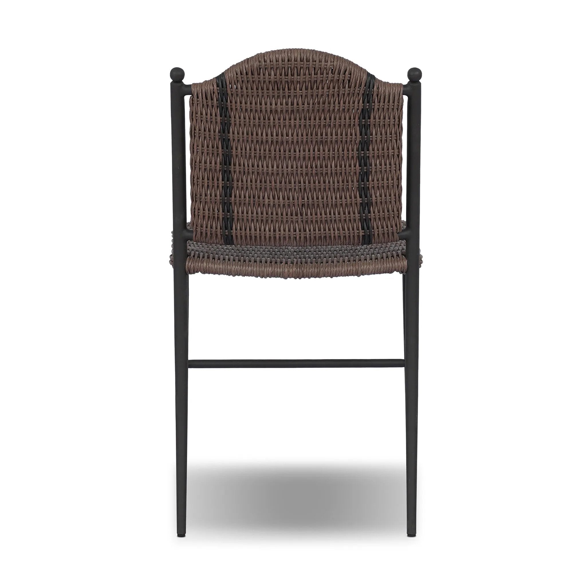 A bistro-style outdoor dining chair, merging a timeless profile with a unique stripe detail woven into the back. Finial details finish the dark bronze frame. Cover or store indoors during inclement weather and when not in use.As enthusiasts of luxe style at Amethyst, we love the nature inspired Abel Outdoor Dining Chair. Amethyst Home provides interior design, new home construction design consulting, vintage area rugs, and lighting in the Calabasas metro area.