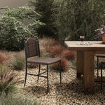 A bistro-style outdoor dining chair, merging a timeless profile with a unique stripe detail woven into the back. Finial details finish the dark bronze frame. Cover or store indoors during inclement weather and when not in use.As enthusiasts of luxe style at Amethyst, we love the nature inspired Abel Outdoor Dining Chair. Amethyst Home provides interior design, new home construction design consulting, vintage area rugs, and lighting in the Omaha metro area.