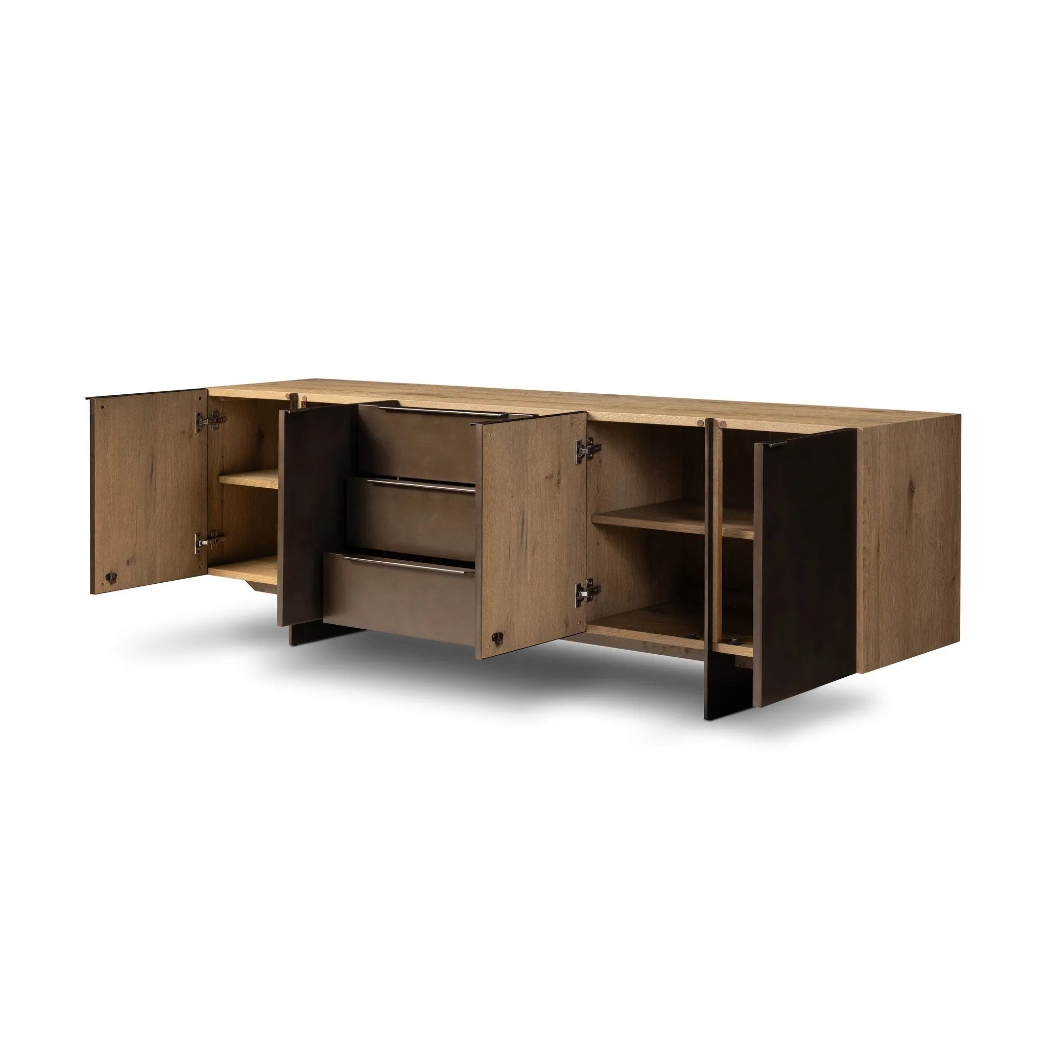 Designed around the piece’s slim metal legs, this media console combines aged brass-finished iron and aged smoked oak veneer for a sleek, modern look. Shelving and drawers provide ample room for your living or media space essentials. Rear cutouts for cord management. Amethyst Home provides interior design, new home construction design consulting, vintage area rugs, and lighting in the Nashville metro area.