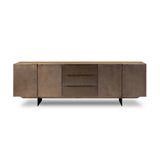 Designed around the piece’s slim metal legs, this media console combines aged brass-finished iron and aged smoked oak veneer for a sleek, modern look. Shelving and drawers provide ample room for your living or media space essentials. Rear cutouts for cord management. Amethyst Home provides interior design, new home construction design consulting, vintage area rugs, and lighting in the Salt Lake City metro area.