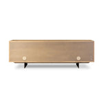 Designed around the piece’s slim metal legs, this media console combines aged brass-finished iron and aged smoked oak veneer for a sleek, modern look. Shelving and drawers provide ample room for your living or media space essentials. Rear cutouts for cord management. Amethyst Home provides interior design, new home construction design consulting, vintage area rugs, and lighting in the Scottsdale metro area.