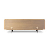 Designed around the piece’s slim metal legs, this media console combines aged brass-finished iron and aged smoked oak veneer for a sleek, modern look. Shelving and drawers provide ample room for your living or media space essentials. Rear cutouts for cord management. Amethyst Home provides interior design, new home construction design consulting, vintage area rugs, and lighting in the Scottsdale metro area.