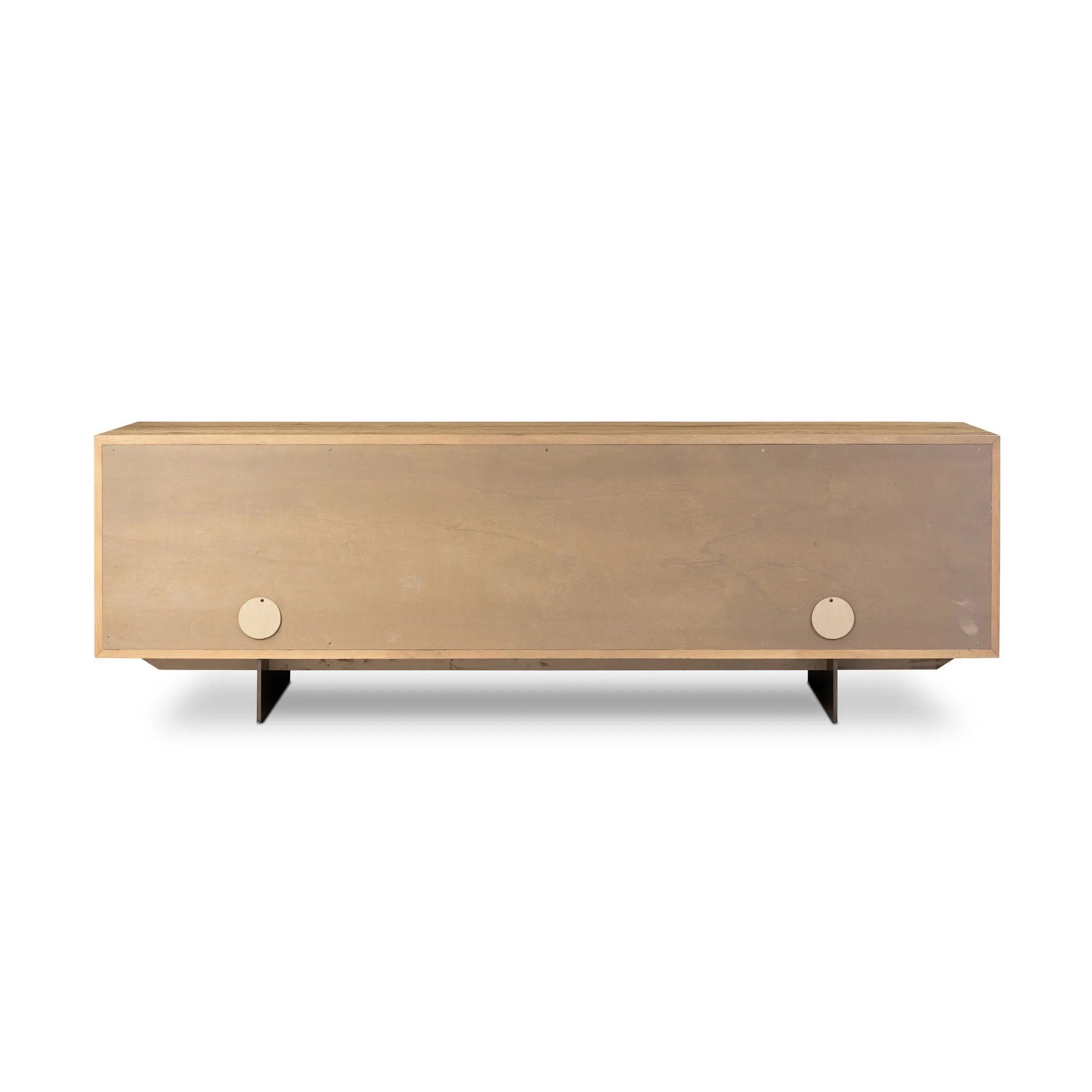 Designed around the piece’s slim metal legs, this media console combines aged brass-finished iron and aged smoked oak veneer for a sleek, modern look. Shelving and drawers provide ample room for your living or media space essentials. Rear cutouts for cord management. Amethyst Home provides interior design, new home construction design consulting, vintage area rugs, and lighting in the Scottsdale metro area.