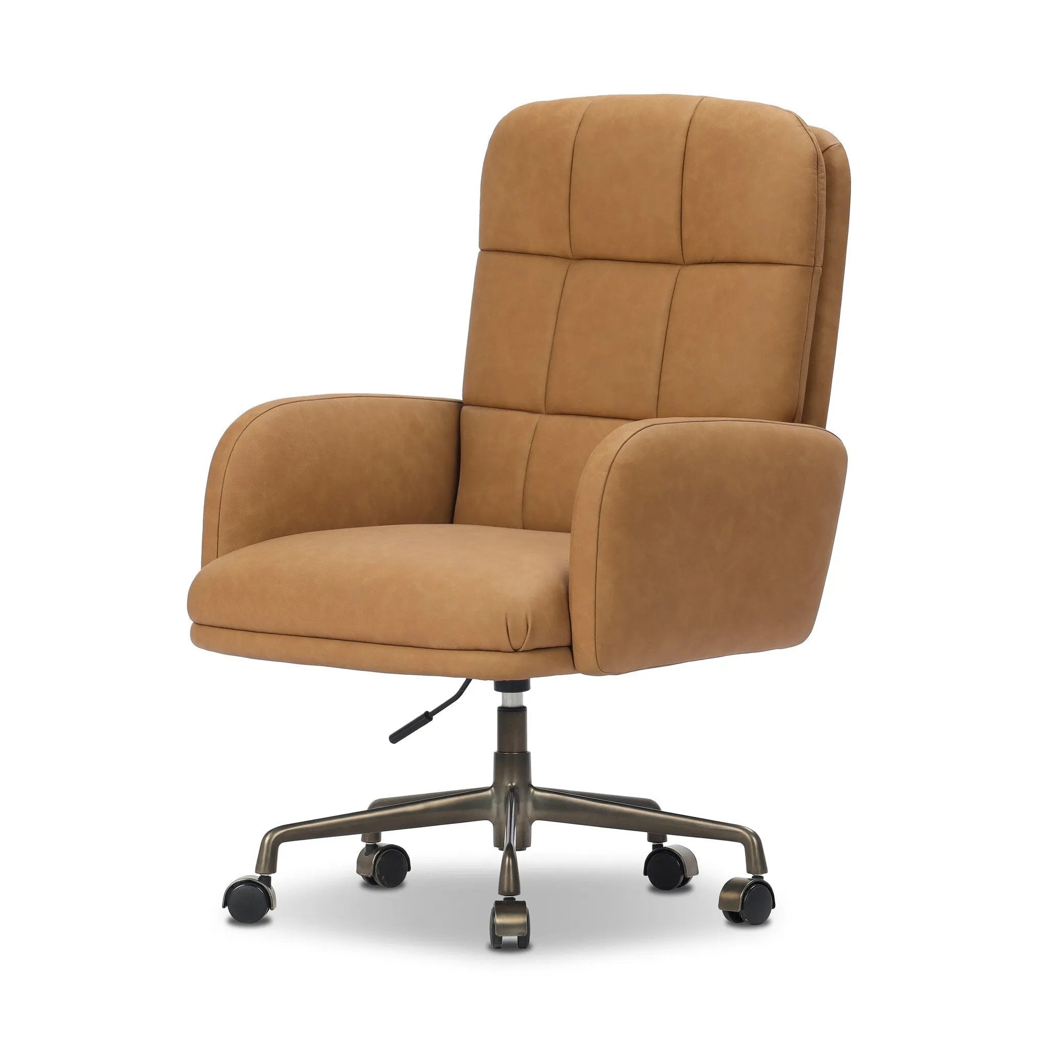 Plush top-grain leather and soft, rounded elements make for a comfortable sit. The oversized desk chair’s simplified tufting adds texture and visual movement to your office. A height-adjustable 360-degree swivel base with casters allows for easy accommodation. Amethyst Home provides interior design, new home construction design consulting, vintage area rugs, and lighting in the Alpharetta metro area.