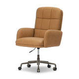 Plush top-grain leather and soft, rounded elements make for a comfortable sit. The oversized desk chair’s simplified tufting adds texture and visual movement to your office. A height-adjustable 360-degree swivel base with casters allows for easy accommodation. Amethyst Home provides interior design, new home construction design consulting, vintage area rugs, and lighting in the Austin metro area.