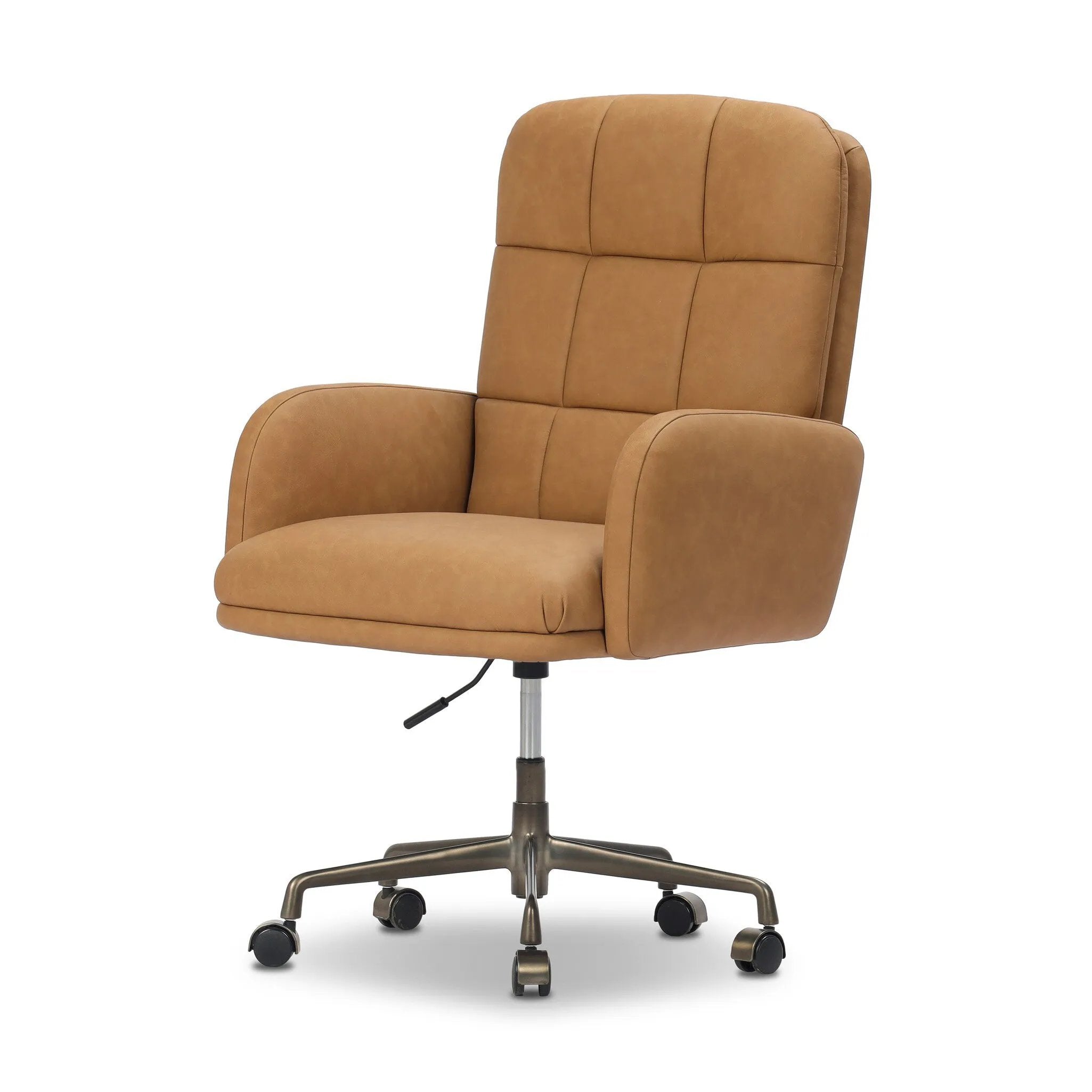 Plush top-grain leather and soft, rounded elements make for a comfortable sit. The oversized desk chair’s simplified tufting adds texture and visual movement to your office. A height-adjustable 360-degree swivel base with casters allows for easy accommodation. Amethyst Home provides interior design, new home construction design consulting, vintage area rugs, and lighting in the Austin metro area.