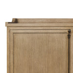The classic sideboard takes new shape with a unique gallery design on top. Doors are fixed with a functional lock. Aged bronze hardware complements a weathered washed oak finish Amethyst Home provides interior design, new home construction design consulting, vintage area rugs, and lighting in the Alpharetta metro area.