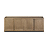 The classic sideboard takes new shape with a unique gallery design on top. Doors are fixed with a functional lock. Aged bronze hardware complements a weathered washed oak finish Amethyst Home provides interior design, new home construction design consulting, vintage area rugs, and lighting in the Boston metro area.