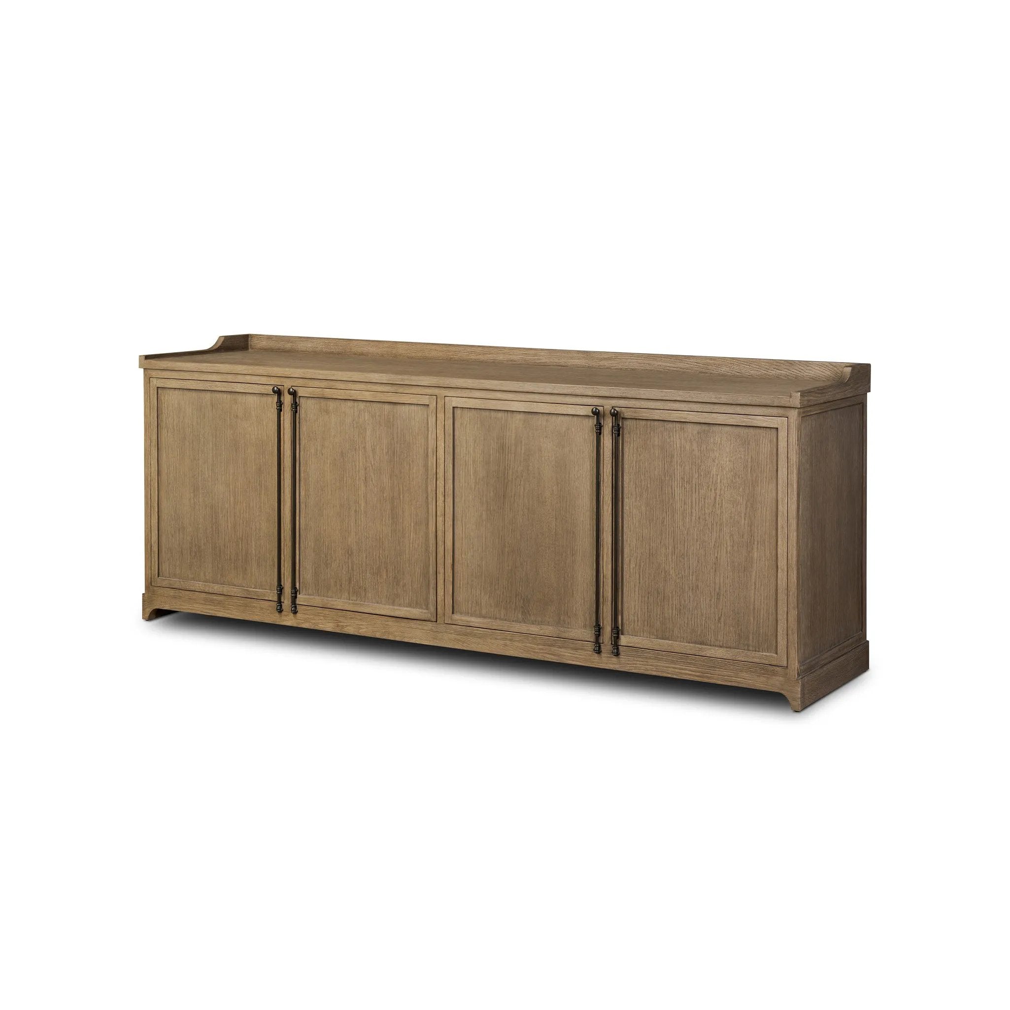 The classic sideboard takes new shape with a unique gallery design on top. Doors are fixed with a functional lock. Aged bronze hardware complements a weathered washed oak finish Amethyst Home provides interior design, new home construction design consulting, vintage area rugs, and lighting in the Monterey metro area.