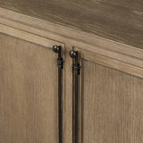 The classic sideboard takes new shape with a unique gallery design on top. Doors are fixed with a functional lock. Aged bronze hardware complements a weathered washed oak finish Amethyst Home provides interior design, new home construction design consulting, vintage area rugs, and lighting in the Scottsdale metro area.