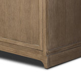 The classic sideboard takes new shape with a unique gallery design on top. Doors are fixed with a functional lock. Aged bronze hardware complements a weathered washed oak finish Amethyst Home provides interior design, new home construction design consulting, vintage area rugs, and lighting in the Seattle metro area.