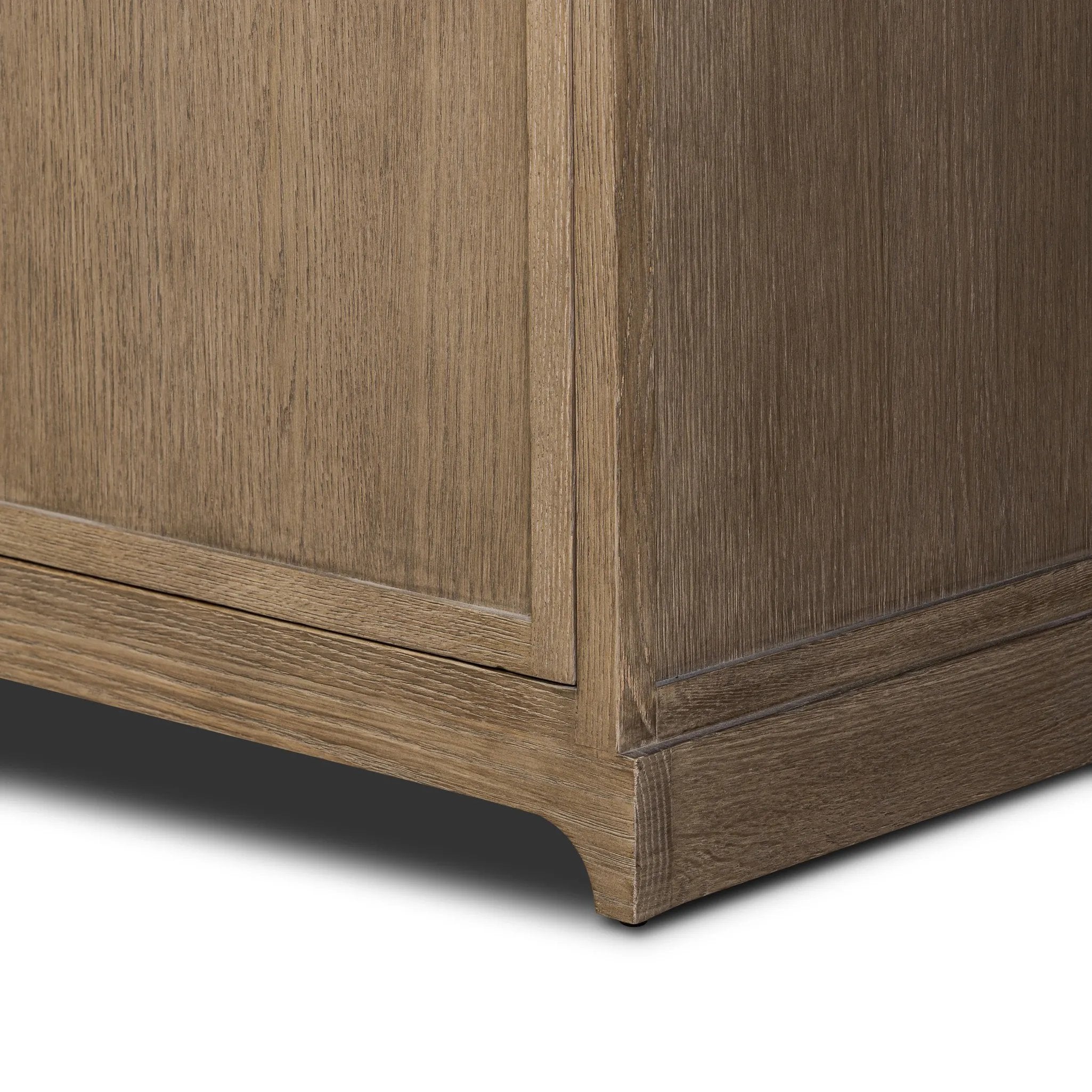 The classic sideboard takes new shape with a unique gallery design on top. Doors are fixed with a functional lock. Aged bronze hardware complements a weathered washed oak finish Amethyst Home provides interior design, new home construction design consulting, vintage area rugs, and lighting in the Seattle metro area.