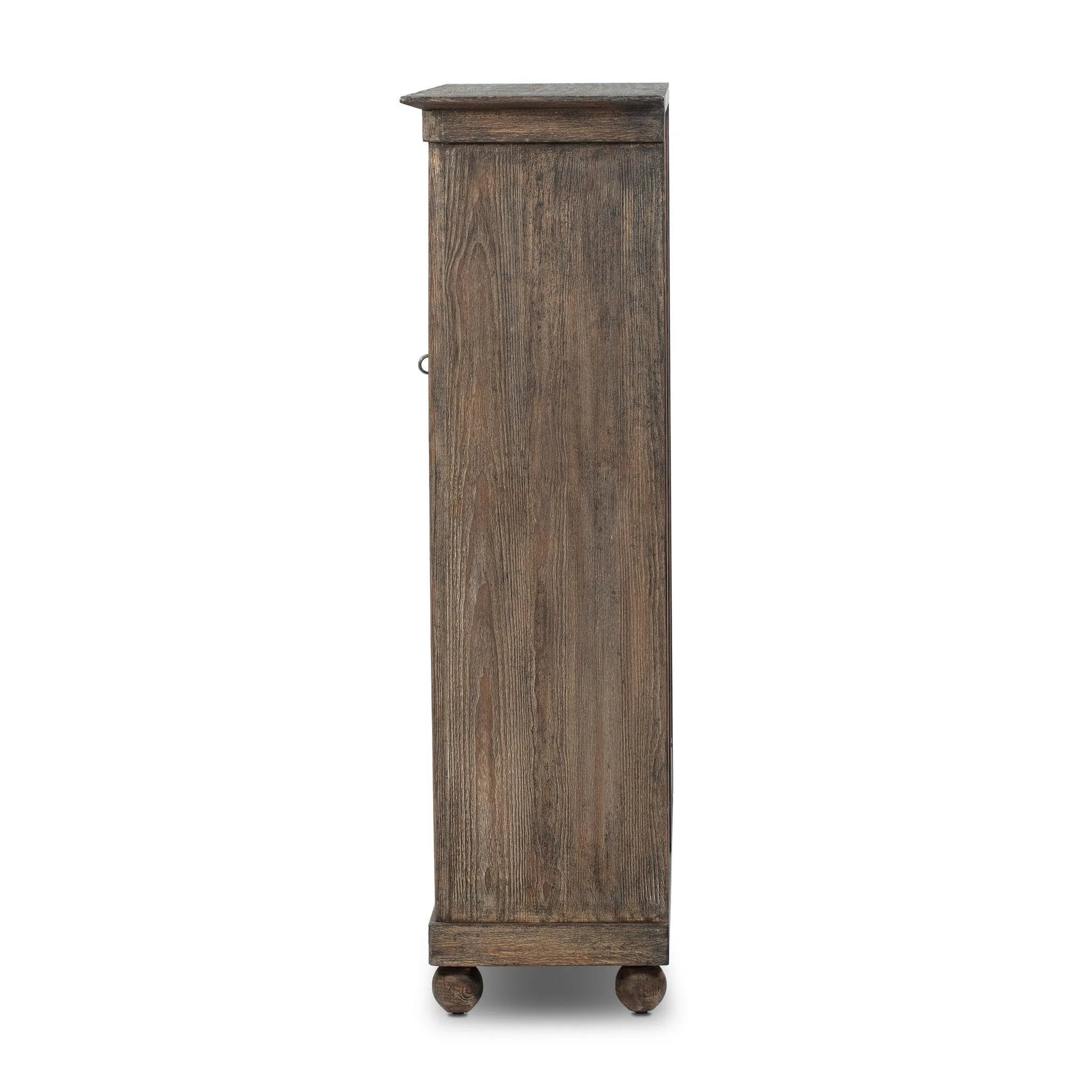 Taking after an antique from China, this inspired cabinet features overlapping double doors and rounded accents. Crafted from solid pine and veneers in a distressed finish for a rustic look Amethyst Home provides interior design, new home construction design consulting, vintage area rugs, and lighting in the Monterey metro area.