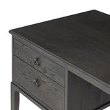 Baroque-period detailing gives this oak desk its  classic look. Made from worn black oak with metal ring pulls on its four drawers, as well as cabriole-like legs to soften the lines Amethyst Home provides interior design, new home construction design consulting, vintage area rugs, and lighting in the Laguna Beach metro area.