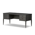 Baroque-period detailing gives this oak desk its  classic look. Made from worn black oak with metal ring pulls on its four drawers, as well as cabriole-like legs to soften the lines Amethyst Home provides interior design, new home construction design consulting, vintage area rugs, and lighting in the Nashville metro area.