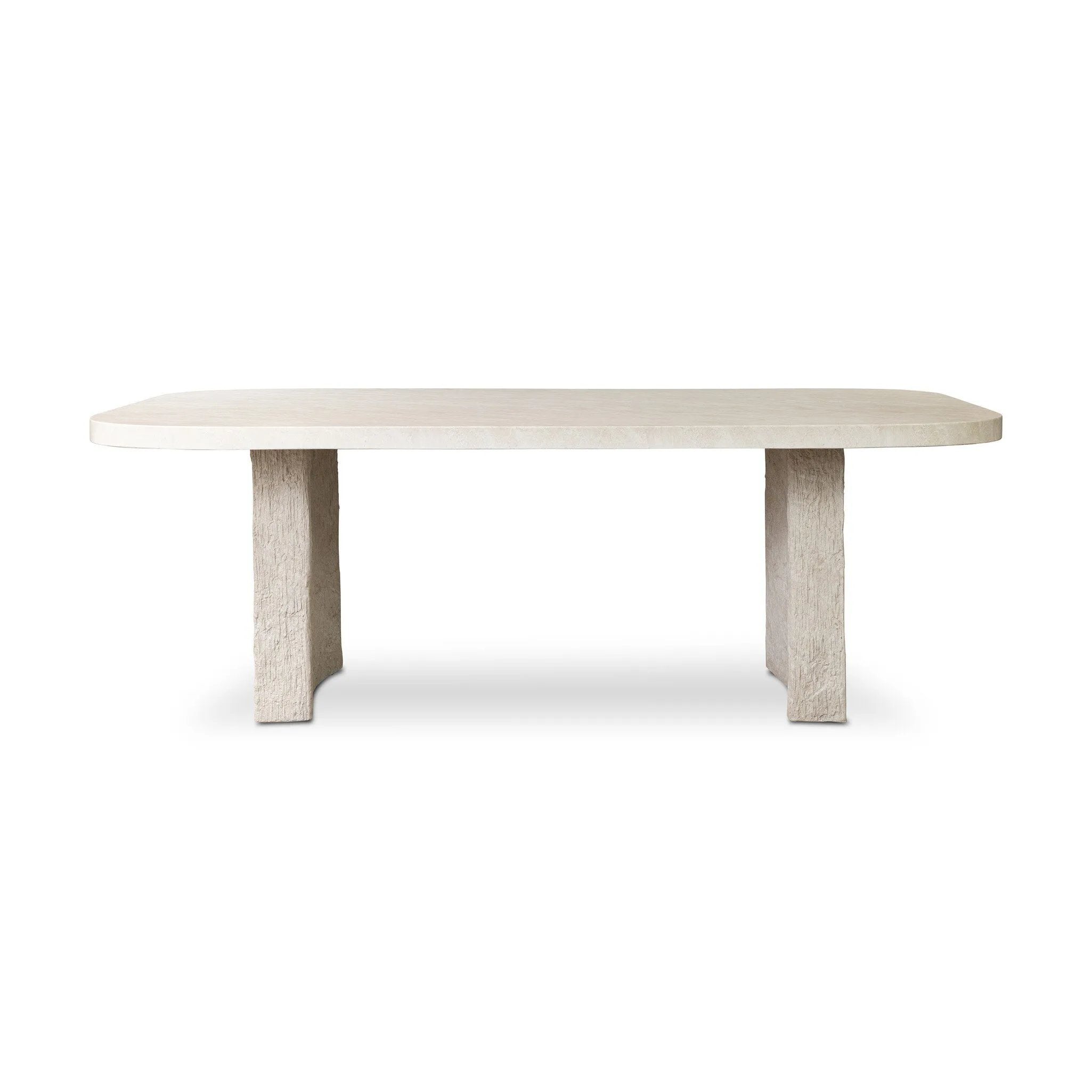 This outdoor dining table features a double pedestal silhouette that's defined by striking contrast between a smooth, refined top and heavily textured legs for a look that's straight from the quarry. It comes together with a water transfer technique on concrete that mimics natural marble. Amethyst Home provides interior design, new home construction design consulting, vintage area rugs, and lighting in the Miami metro area.