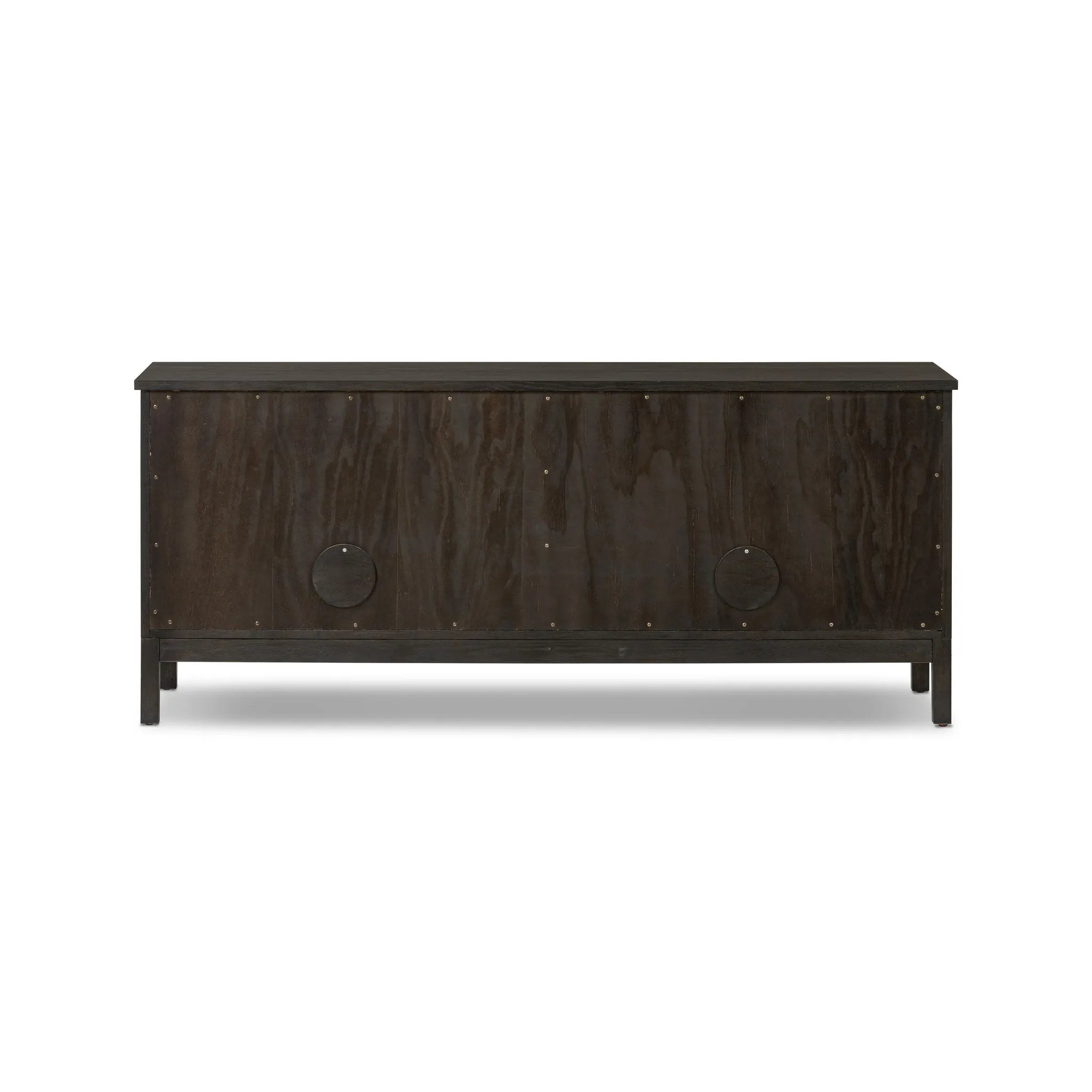 A transitional piece that works into your collection with ease. This solid oak sideboard is finished in a smoked black, highlighting natural graining inherent to rich character woods. Grid-like patterned doors bring dimension to clean, simple shaping, while interior shelving awaits storage of dinnerware, table linens and more. Amethyst Home provides interior design, new home construction design consulting, vintage area rugs, and lighting in the Monterey metro area.