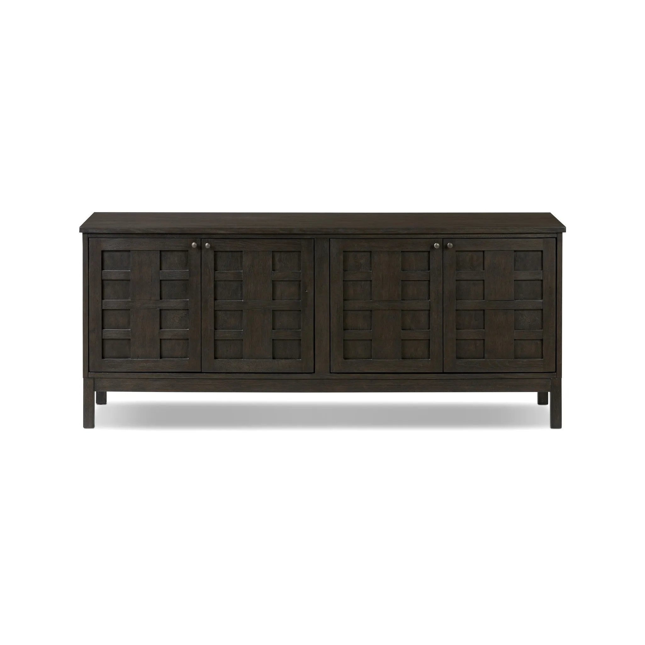 A transitional piece that works into your collection with ease. This solid oak sideboard is finished in a smoked black, highlighting natural graining inherent to rich character woods. Grid-like patterned doors bring dimension to clean, simple shaping, while interior shelving awaits storage of dinnerware, table linens and more. Amethyst Home provides interior design, new home construction design consulting, vintage area rugs, and lighting in the Salt Lake City metro area.