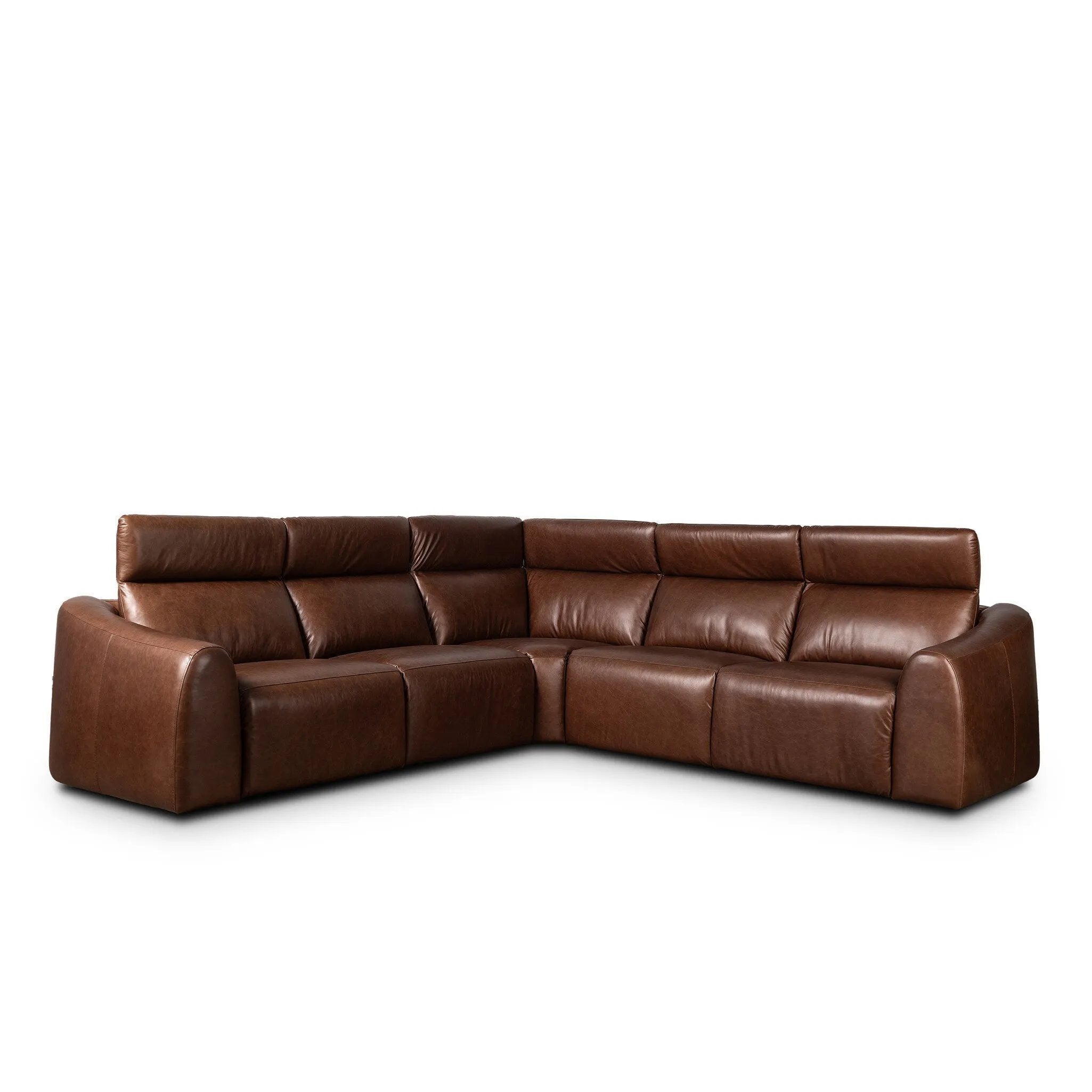 Introducing an Italian-inspired modern sectional with a suite of seating that reclines. Just about every seat on the sofa has its very own reclining mechanism so that everyone can sit back and relax. Sectional features waterfall seating, curved arms, adjustable headrests, articulating footrests and rounded back corners. Amethyst Home provides interior design, new home construction design consulting, vintage area rugs, and lighting in the Salt Lake City metro area.