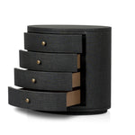 Featuring Amelia Black Linen Oval Nightstand by Four Hands at Amethyst Home. Uniquely made from black-painted linen, a beautifully curved nightstand shapes four drawers for generous bedside storage.Overall Dimensions: 26.00"w x 20.00"d x 24.00"hWeight : 87.08 lbsMaterials: Painted Linen, Engineered Hardwood. Amethyst Home provides interior design, new home construction design consulting, vintage area rugs, and lighting in the Calabasas metro area.