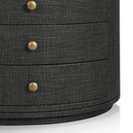 Featuring Amelia Black Linen Oval Nightstand by Four Hands at Amethyst Home. Uniquely made from black-painted linen, a beautifully curved nightstand shapes four drawers for generous bedside storage.Overall Dimensions: 26.00"w x 20.00"d x 24.00"hWeight : 87.08 lbsMaterials: Painted Linen, Engineered Hardwood. Amethyst Home provides interior design, new home construction design consulting, vintage area rugs, and lighting in the Dallas metro area.