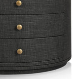 Featuring Amelia Black Linen Oval Nightstand by Four Hands at Amethyst Home. Uniquely made from black-painted linen, a beautifully curved nightstand shapes four drawers for generous bedside storage.Overall Dimensions: 26.00"w x 20.00"d x 24.00"hWeight : 87.08 lbsMaterials: Painted Linen, Engineered Hardwood. Amethyst Home provides interior design, new home construction design consulting, vintage area rugs, and lighting in the Dallas metro area.