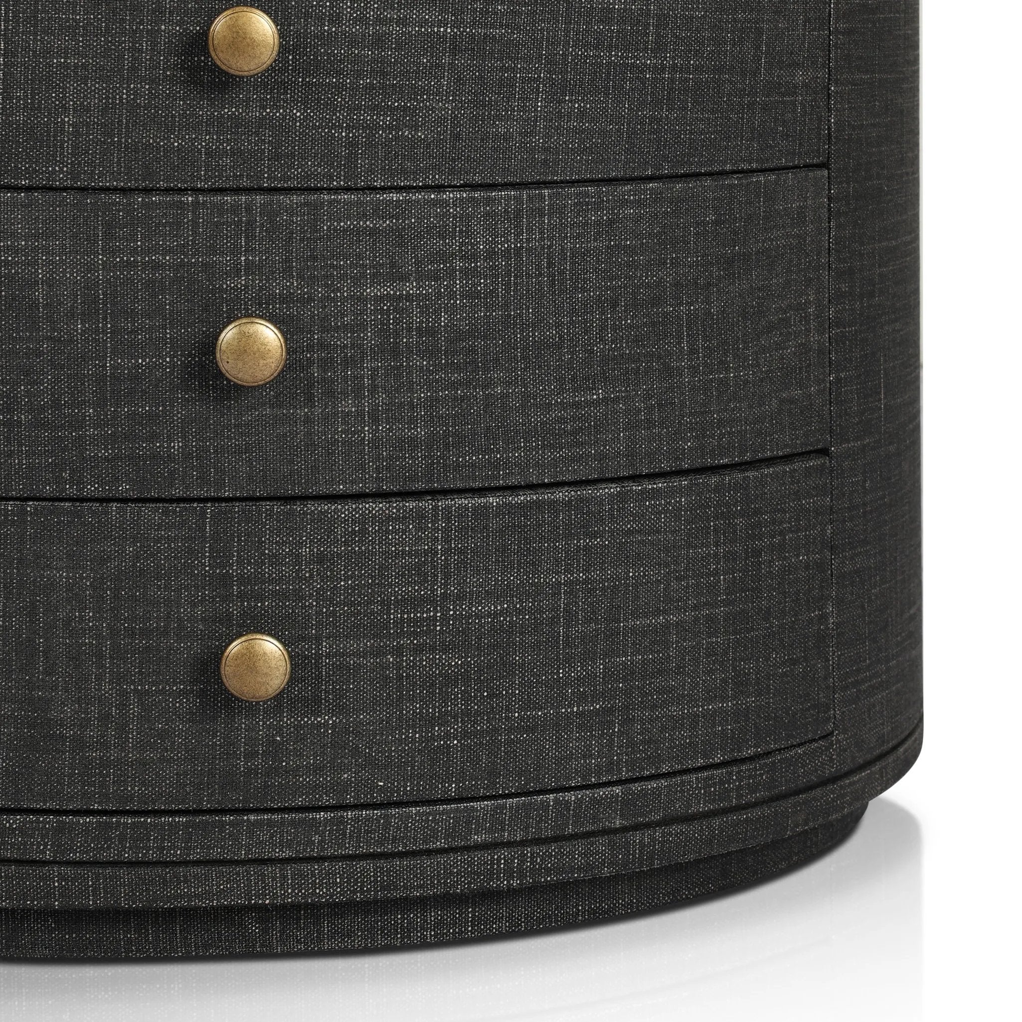 Featuring Amelia Black Linen Oval Nightstand by Four Hands at Amethyst Home. Uniquely made from black-painted linen, a beautifully curved nightstand shapes four drawers for generous bedside storage.Overall Dimensions: 26.00"w x 20.00"d x 24.00"hWeight : 87.08 lbsMaterials: Painted Linen, Engineered Hardwood. Amethyst Home provides interior design, new home construction design consulting, vintage area rugs, and lighting in the Dallas metro area.