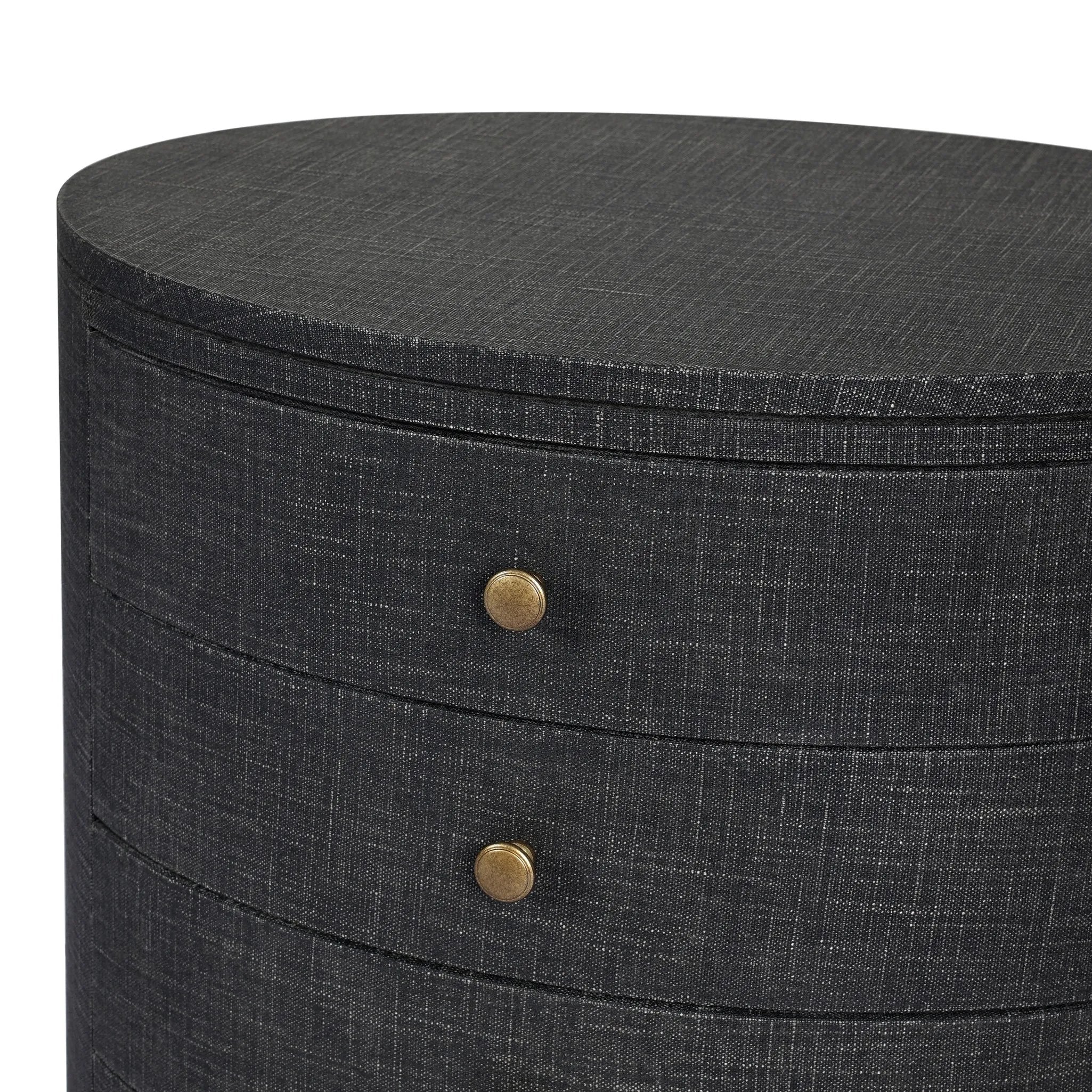 Featuring Amelia Black Linen Oval Nightstand by Four Hands at Amethyst Home. Uniquely made from black-painted linen, a beautifully curved nightstand shapes four drawers for generous bedside storage.Overall Dimensions: 26.00"w x 20.00"d x 24.00"hWeight : 87.08 lbsMaterials: Painted Linen, Engineered Hardwood. Amethyst Home provides interior design, new home construction design consulting, vintage area rugs, and lighting in the Houston metro area.