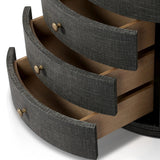 Featuring Amelia Black Linen Oval Nightstand by Four Hands at Amethyst Home. Uniquely made from black-painted linen, a beautifully curved nightstand shapes four drawers for generous bedside storage.Overall Dimensions: 26.00"w x 20.00"d x 24.00"hWeight : 87.08 lbsMaterials: Painted Linen, Engineered Hardwood. Amethyst Home provides interior design, new home construction design consulting, vintage area rugs, and lighting in the Omaha metro area.