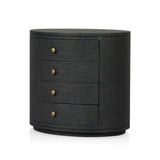 Featuring Amelia Black Linen Oval Nightstand by Four Hands at Amethyst Home. Uniquely made from black-painted linen, a beautifully curved nightstand shapes four drawers for generous bedside storage.Overall Dimensions: 26.00"w x 20.00"d x 24.00"hWeight : 87.08 lbsMaterials: Painted Linen, Engineered Hardwood. Amethyst Home provides interior design, new home construction design consulting, vintage area rugs, and lighting in the Park City metro area.