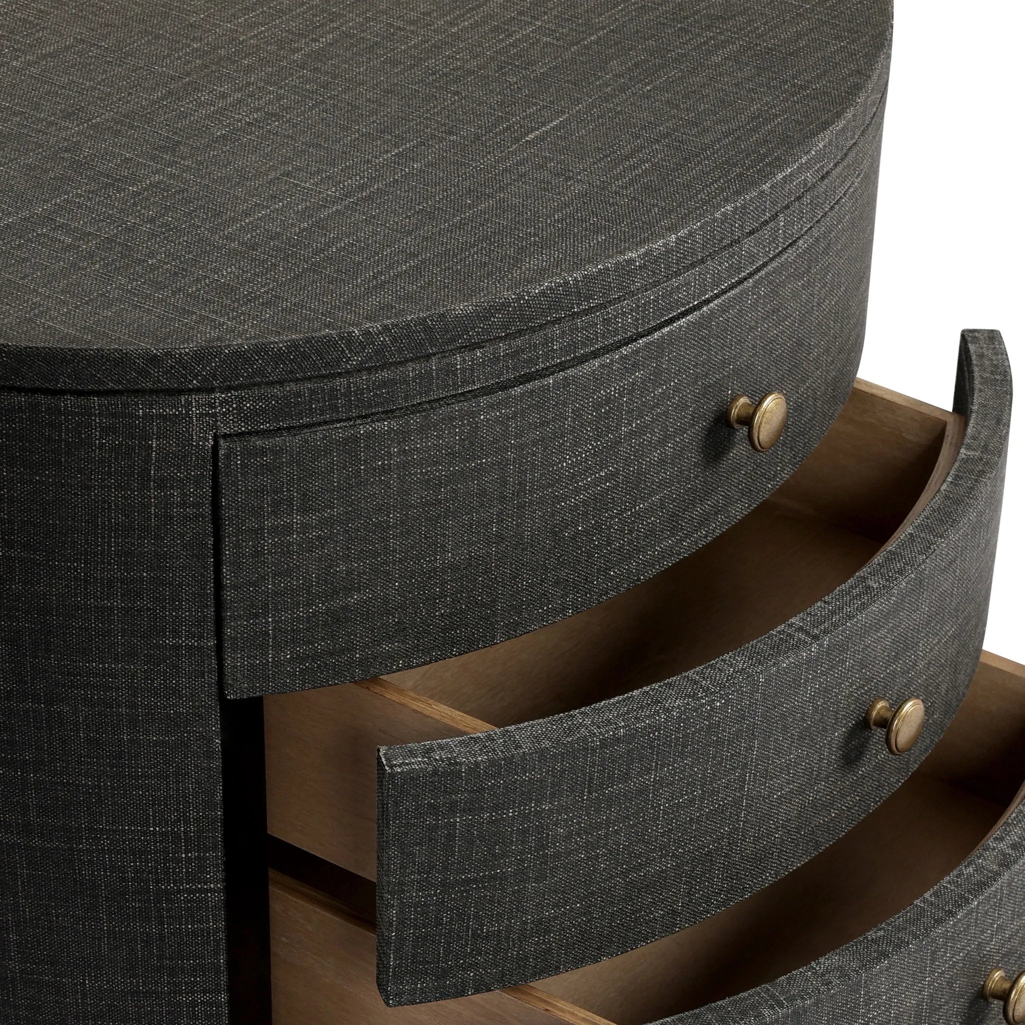 Featuring Amelia Black Linen Oval Nightstand by Four Hands at Amethyst Home. Uniquely made from black-painted linen, a beautifully curved nightstand shapes four drawers for generous bedside storage.Overall Dimensions: 26.00"w x 20.00"d x 24.00"hWeight : 87.08 lbsMaterials: Painted Linen, Engineered Hardwood. Amethyst Home provides interior design, new home construction design consulting, vintage area rugs, and lighting in the Portland metro area.