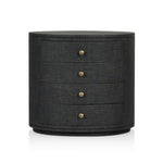 Featuring Amelia Black Linen Oval Nightstand by Four Hands at Amethyst Home. Uniquely made from black-painted linen, a beautifully curved nightstand shapes four drawers for generous bedside storage.Overall Dimensions: 26.00"w x 20.00"d x 24.00"hWeight : 87.08 lbsMaterials: Painted Linen, Engineered Hardwood. Amethyst Home provides interior design, new home construction design consulting, vintage area rugs, and lighting in the Scottsdale metro area.