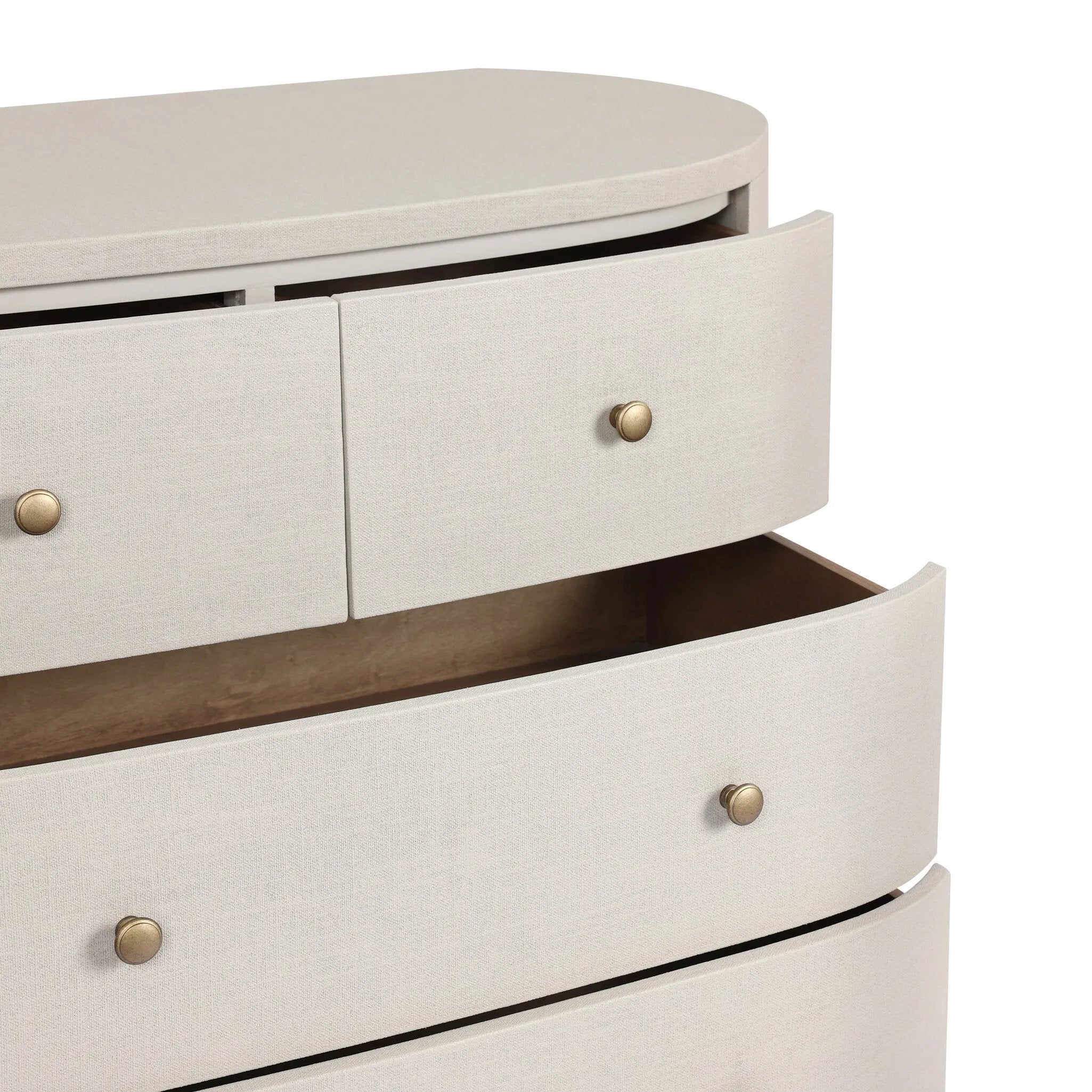 Uniquely made from ivory-painted linen, a beautifully curved drawer chest gives shape to generous storage for clothes, accessories and more Amethyst Home provides interior design, new home construction design consulting, vintage area rugs, and lighting in the Dallas metro area.