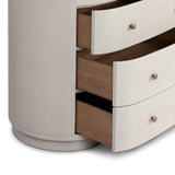 Uniquely made from ivory-painted linen, a beautifully curved drawer chest gives shape to generous storage for clothes, accessories and more Amethyst Home provides interior design, new home construction design consulting, vintage area rugs, and lighting in the Los Angeles metro area.