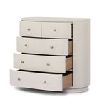 Uniquely made from ivory-painted linen, a beautifully curved drawer chest gives shape to generous storage for clothes, accessories and more Amethyst Home provides interior design, new home construction design consulting, vintage area rugs, and lighting in the Nashville metro area.