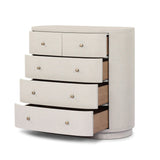 Uniquely made from ivory-painted linen, a beautifully curved drawer chest gives shape to generous storage for clothes, accessories and more Amethyst Home provides interior design, new home construction design consulting, vintage area rugs, and lighting in the Nashville metro area.
