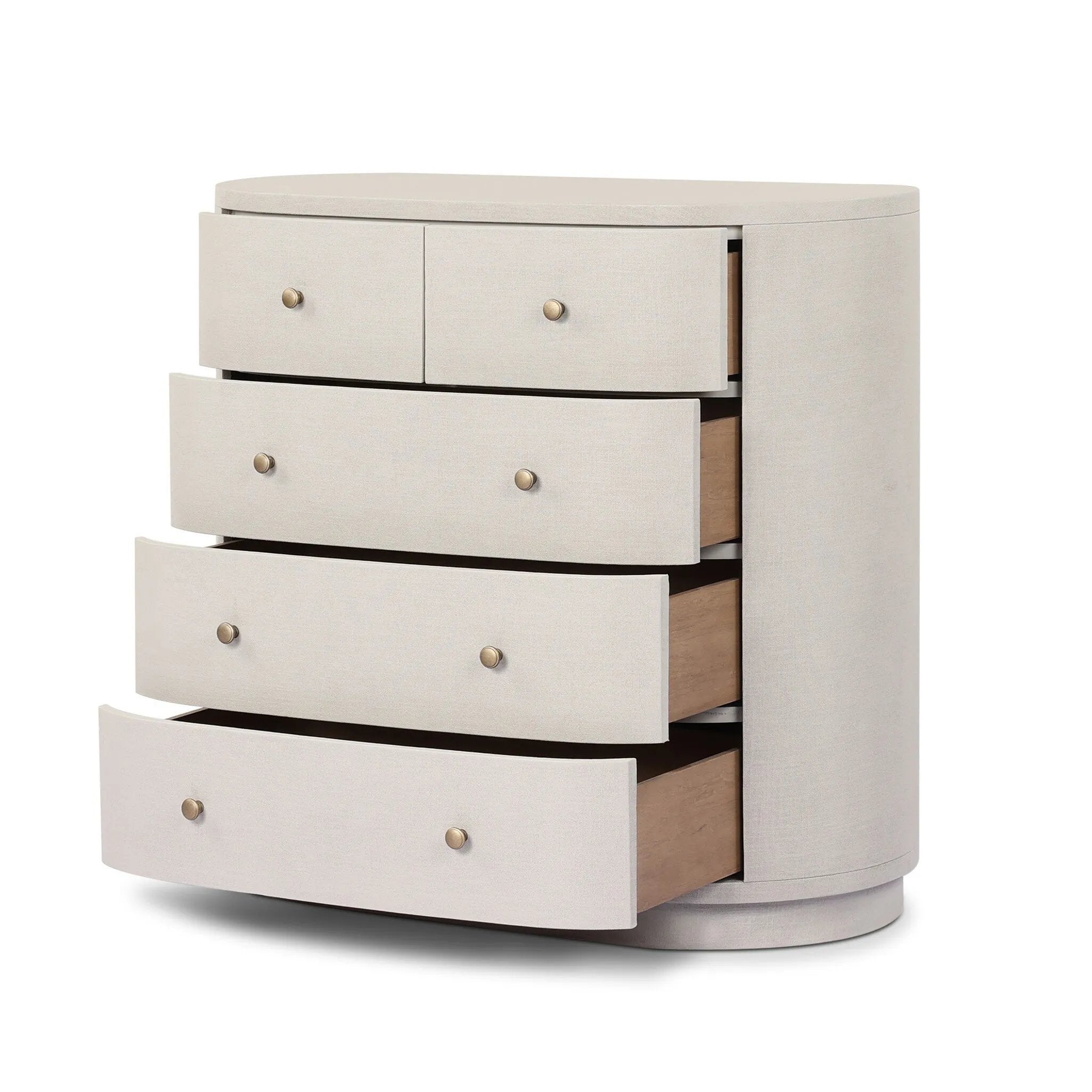Uniquely made from ivory-painted linen, a beautifully curved drawer chest gives shape to generous storage for clothes, accessories and more Amethyst Home provides interior design, new home construction design consulting, vintage area rugs, and lighting in the Nashville metro area.