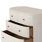 Uniquely made from ivory-painted linen, a beautifully curved drawer chest gives shape to generous storage for clothes, accessories and more Amethyst Home provides interior design, new home construction design consulting, vintage area rugs, and lighting in the Portland metro area.