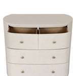 Uniquely made from ivory-painted linen, a beautifully curved drawer chest gives shape to generous storage for clothes, accessories and more Amethyst Home provides interior design, new home construction design consulting, vintage area rugs, and lighting in the San Diego metro area.