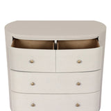 Uniquely made from ivory-painted linen, a beautifully curved drawer chest gives shape to generous storage for clothes, accessories and more Amethyst Home provides interior design, new home construction design consulting, vintage area rugs, and lighting in the San Diego metro area.