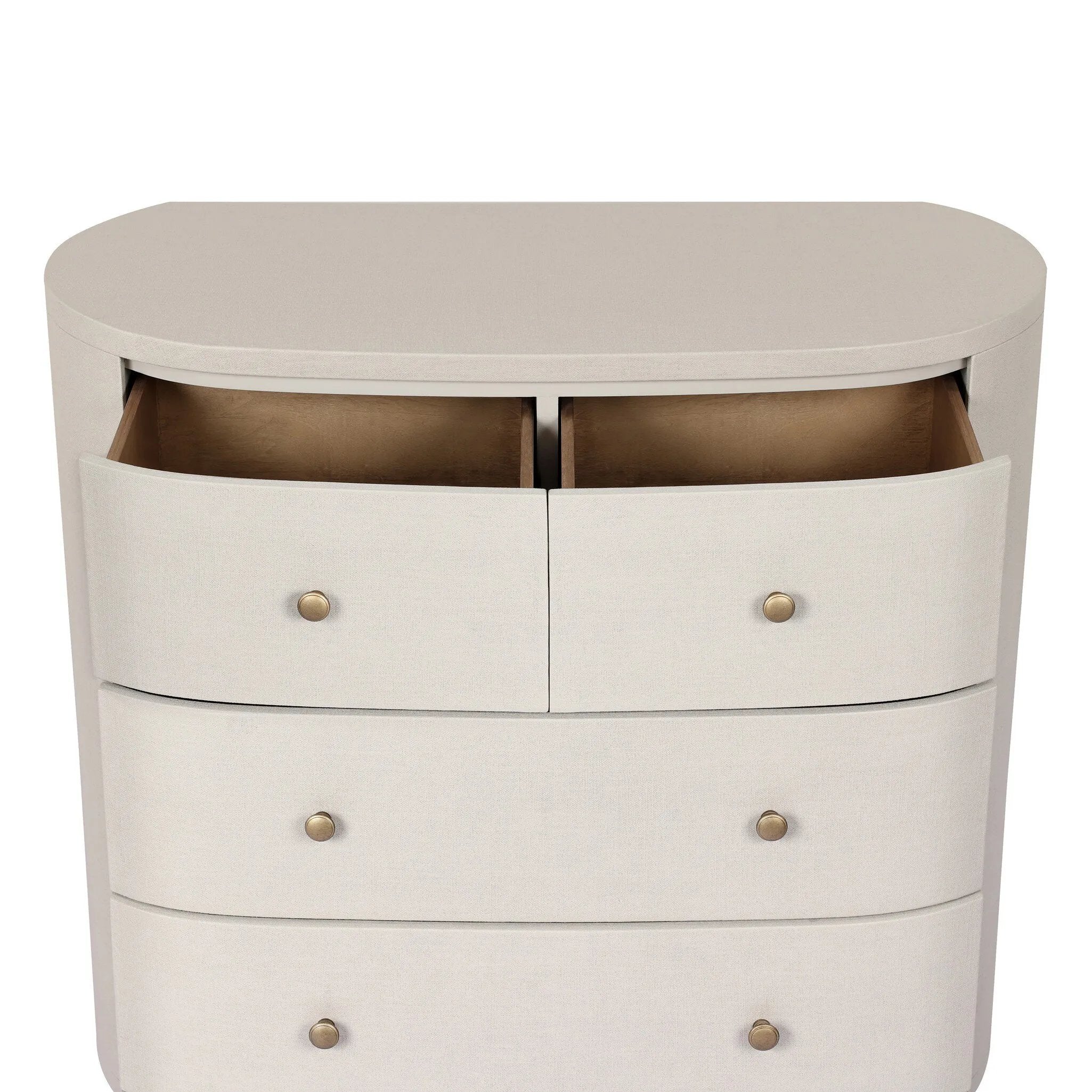 Uniquely made from ivory-painted linen, a beautifully curved drawer chest gives shape to generous storage for clothes, accessories and more Amethyst Home provides interior design, new home construction design consulting, vintage area rugs, and lighting in the San Diego metro area.