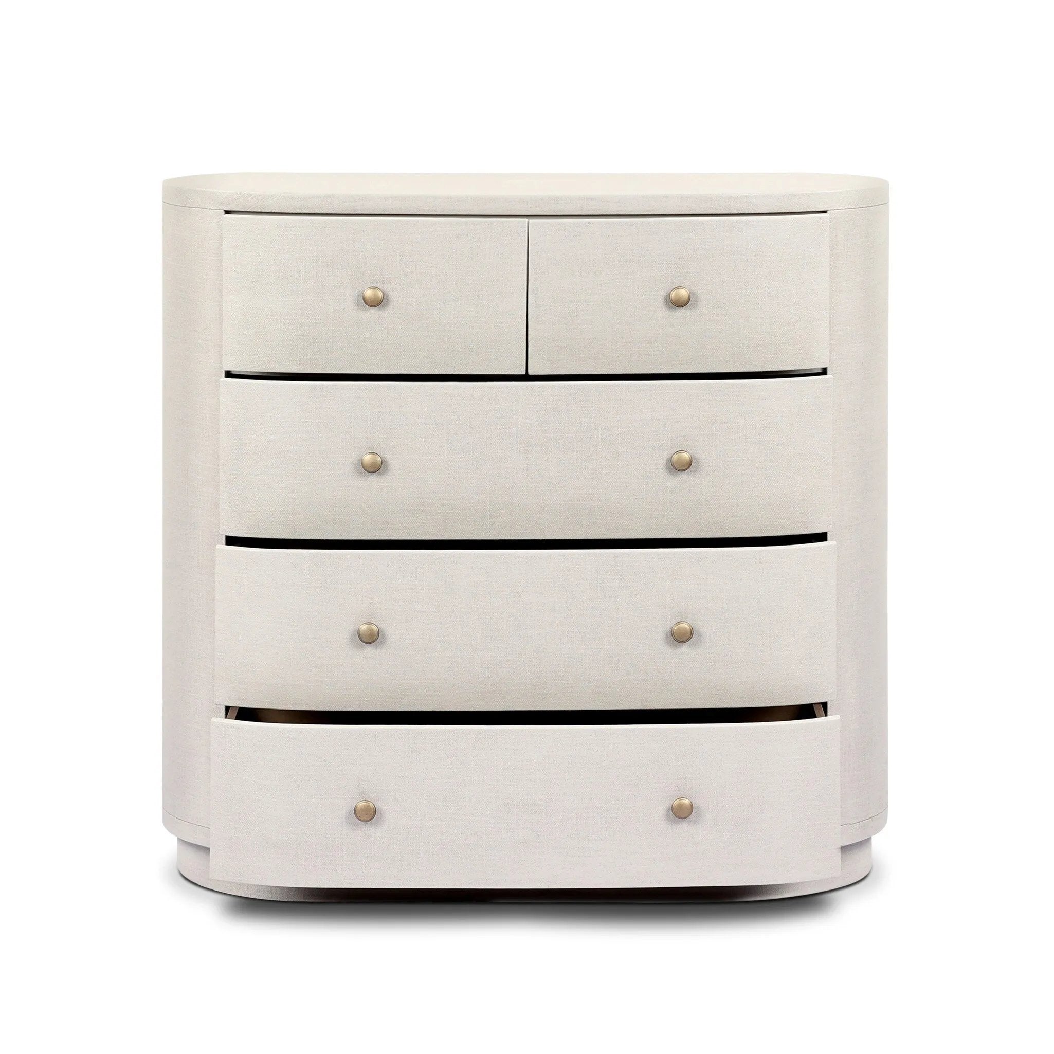 Uniquely made from ivory-painted linen, a beautifully curved drawer chest gives shape to generous storage for clothes, accessories and more Amethyst Home provides interior design, new home construction design consulting, vintage area rugs, and lighting in the Scottsdale metro area.