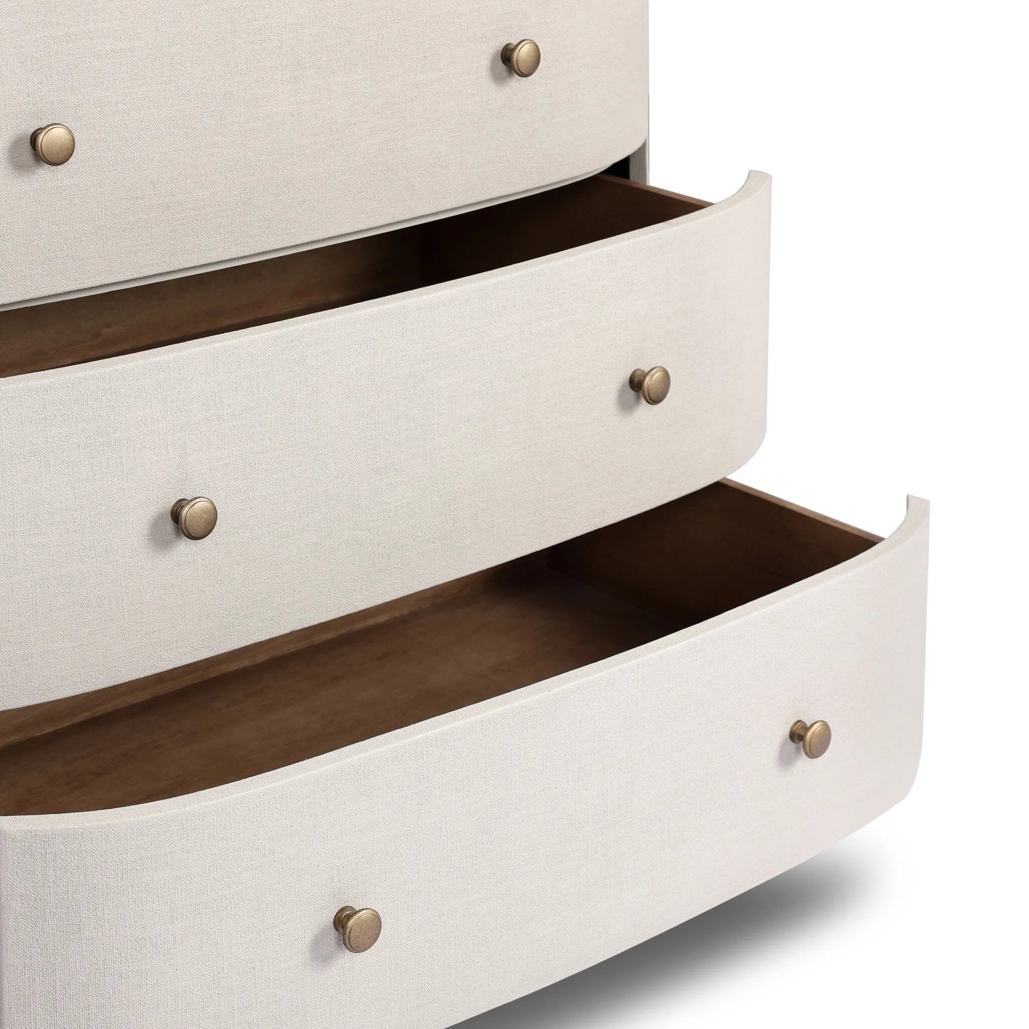Uniquely made from ivory-painted linen, a beautifully curved drawer chest gives shape to generous storage for clothes, accessories and more Amethyst Home provides interior design, new home construction design consulting, vintage area rugs, and lighting in the Seattle metro area.