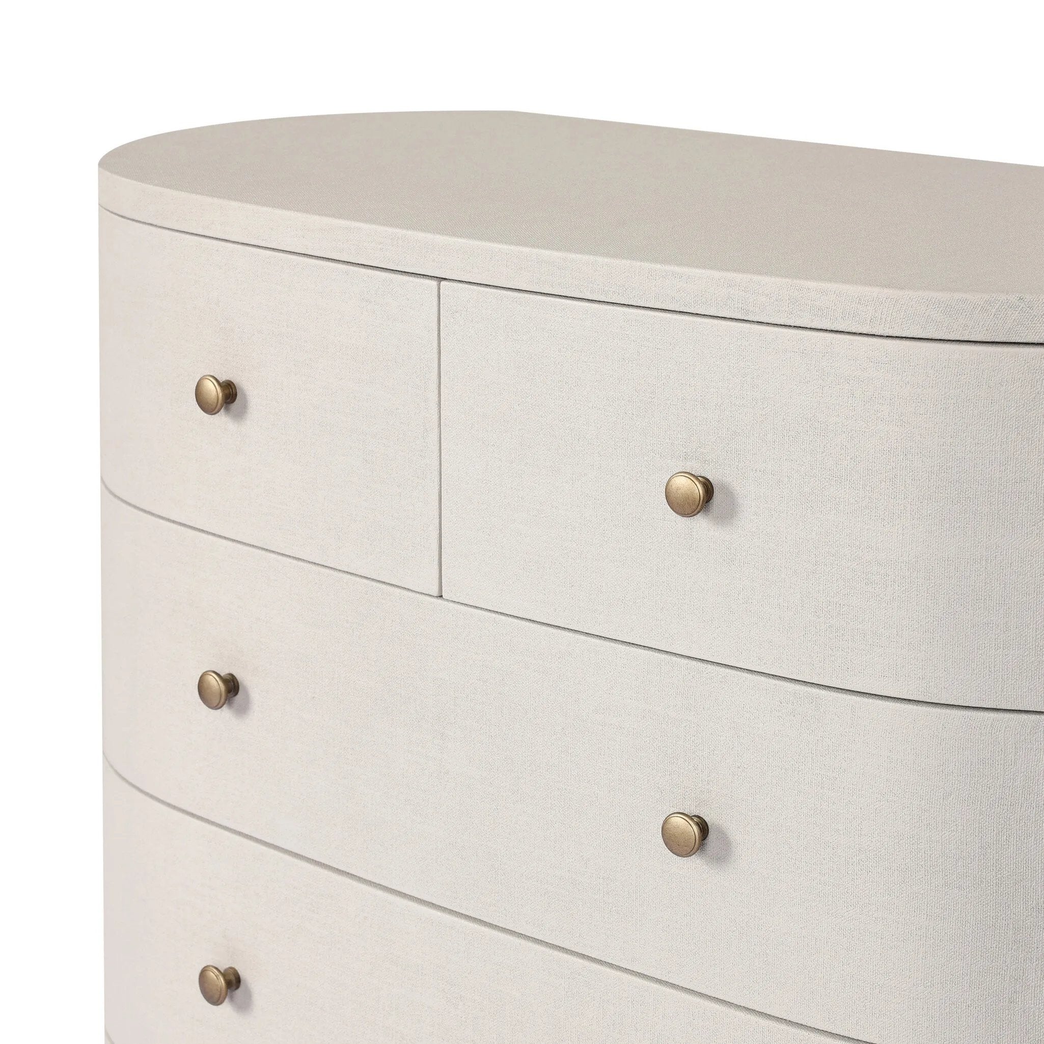 Uniquely made from ivory-painted linen, a beautifully curved drawer chest gives shape to generous storage for clothes, accessories and more Amethyst Home provides interior design, new home construction design consulting, vintage area rugs, and lighting in the Winter Garden metro area.