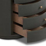 Featuring Amelia Dark Green Lacquered Linen Oval Nightstand by Four Hands at Amethyst Home. Overall Dimensions: 26.00"w x 20.00"d x 24.00"hWeight : 87.08 lbsMaterials: Painted Linen. Amethyst Home provides interior design, new home construction design consulting, vintage area rugs, and lighting in the Boston metro area.