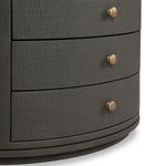 Featuring Amelia Dark Green Lacquered Linen Oval Nightstand by Four Hands at Amethyst Home. Overall Dimensions: 26.00"w x 20.00"d x 24.00"hWeight : 87.08 lbsMaterials: Painted Linen. Amethyst Home provides interior design, new home construction design consulting, vintage area rugs, and lighting in the Houston metro area.