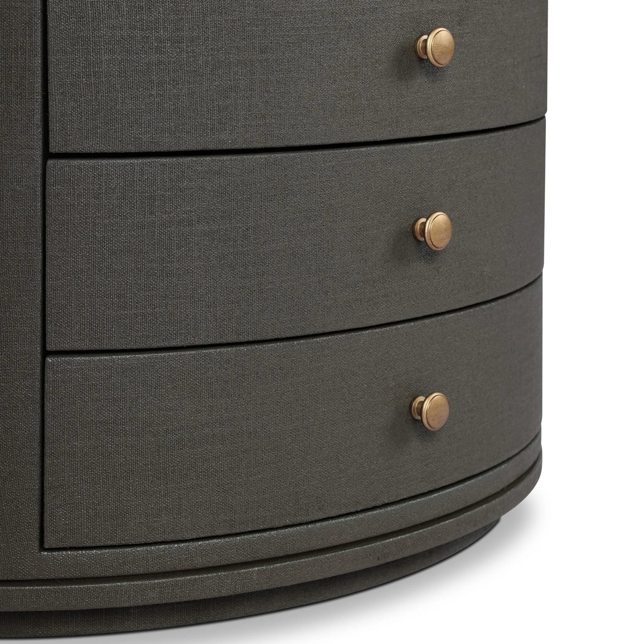 Featuring Amelia Dark Green Lacquered Linen Oval Nightstand by Four Hands at Amethyst Home. Overall Dimensions: 26.00"w x 20.00"d x 24.00"hWeight : 87.08 lbsMaterials: Painted Linen. Amethyst Home provides interior design, new home construction design consulting, vintage area rugs, and lighting in the Houston metro area.